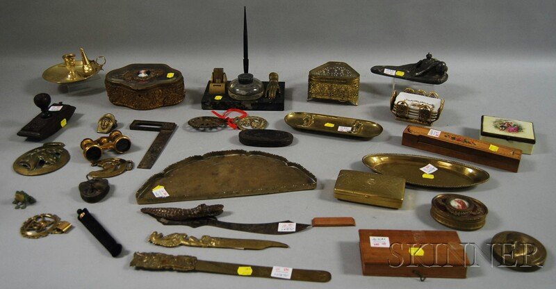 Group of Desk Items, Decorative Ornaments, and Box: Group of Desk Items, Decorative Ornaments, and Boxes, highlights including five horse brasses, abalone-mounted brass opera glasses, brass letter openers, two small boxed scales, brass and pewter pen t