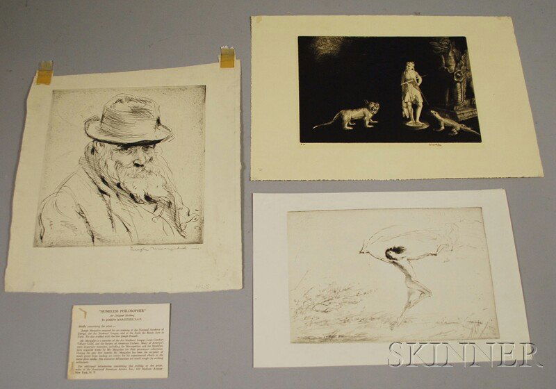 Three Unframed Etchings: Joseph Margulies (America: Three Unframed Etchings: Joseph Margulies (American, 1896-1984), Homeless Philosopher, signed "Joseph Margulies, imp" l.r., sheet size 13 1/4 x 12 in., (deckled edges, grime to margins); Troy Kinney (