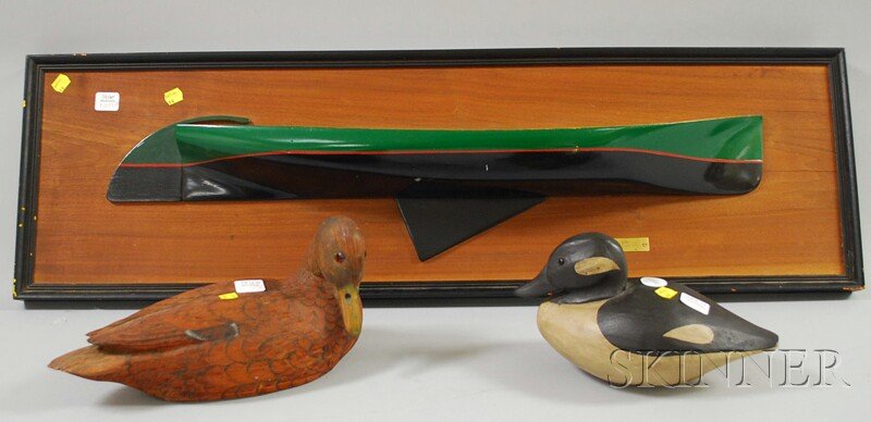 Two Carved and Painted Wooden Duck Decoys and a J.: Two Carved and Painted Wooden Duck Decoys and a J. Bruce Leary Painted Wood Half-hull Boat Model "Carol Ann" Plaque, the decoys inscribed "Charles J. Ross, 1986," and branded "WHITE," the plaque 11 1/