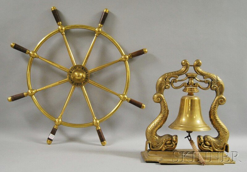 Brass Ship's Wheel and Bell, bell with dolphins an: Brass Ship's Wheel and Bell, bell with dolphins and a rope pull, ht. 18, eight-arm wheel with wood handles, labeled to center "John Hastil & Co. Ltd.- Greenock," dia. 30 in.