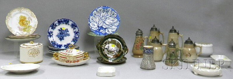 Twenty-eight Assorted Ceramic Items, including six: Twenty-eight Assorted Ceramic Items, including six pottery syrup jugs, two creamy white glazed soap dishes, a florist ring, and an egg-shaped dish; a Spode gilt and red floral-decorated covered sauce 