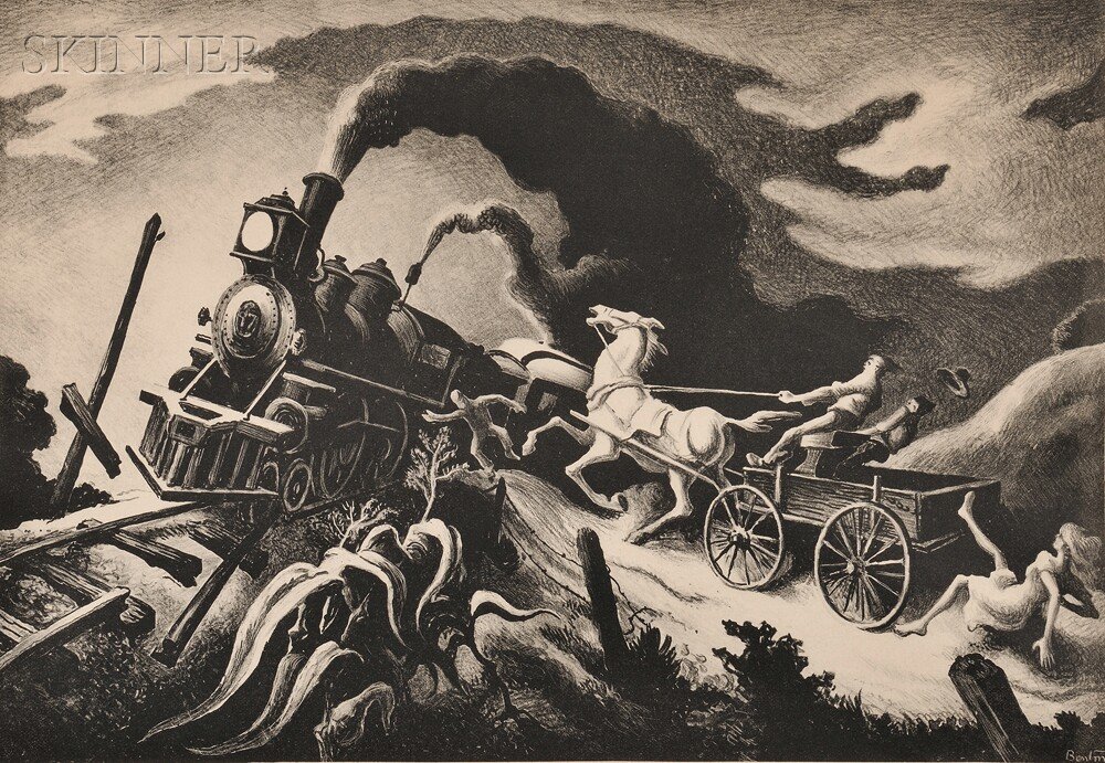 Thomas Hart Benton (American, 1889-1975) Wreck of t: Thomas Hart Benton (American, 1889-1975) Wreck of the Ol' 97, 1944, edition of 250, published by Associated American Artists (Fath, 63). Signed "Benton" in pencil l.r. and within the matrix, identi