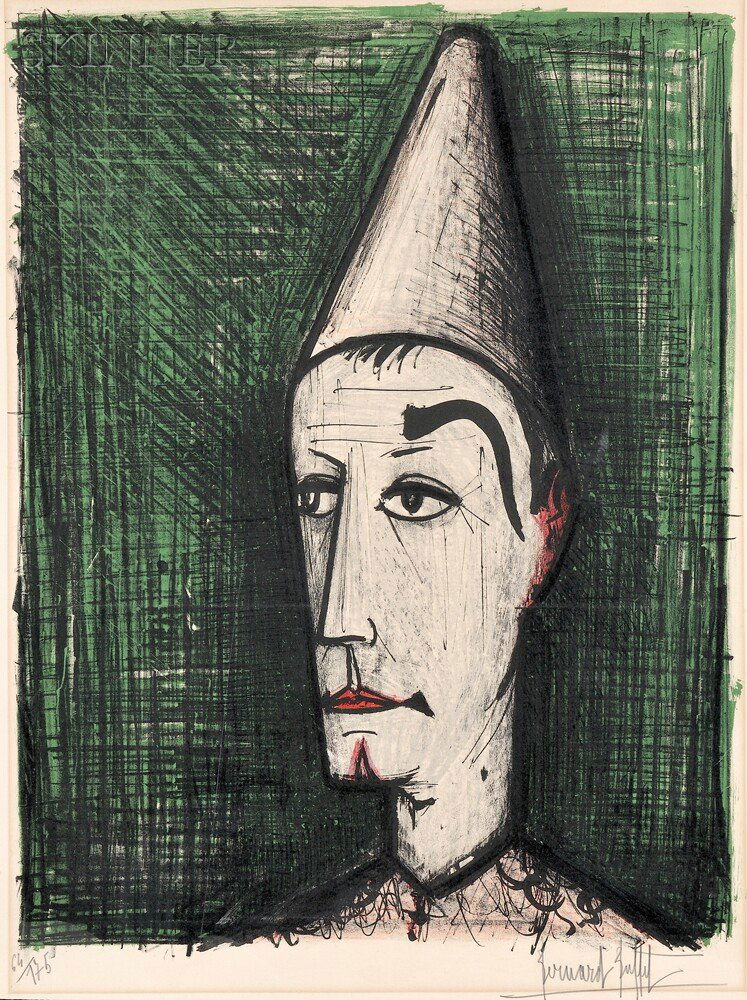 Bernard Buffet (French, 1928-1999) Le clown sur fon: Bernard Buffet (French, 1928-1999) Le clown sur fond vert, 1960, edition of 175 (Mourlot, 24). Signed "Bernard Buffet" in pencil l.r., numbered "64/175" in pencil l.l. Color lithograph on paper, i