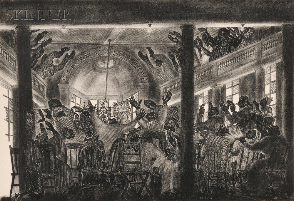 Prentiss Taylor (American, 1907-1991) Experience M: Prentiss Taylor (American, 1907-1991) Experience Meeting, Massydony, 1934, edition of 25 (Rose, 39). Signed and dated "Prentiss Taylor May 1934" in pencil l.r., titled and annotated "...25 prints"
