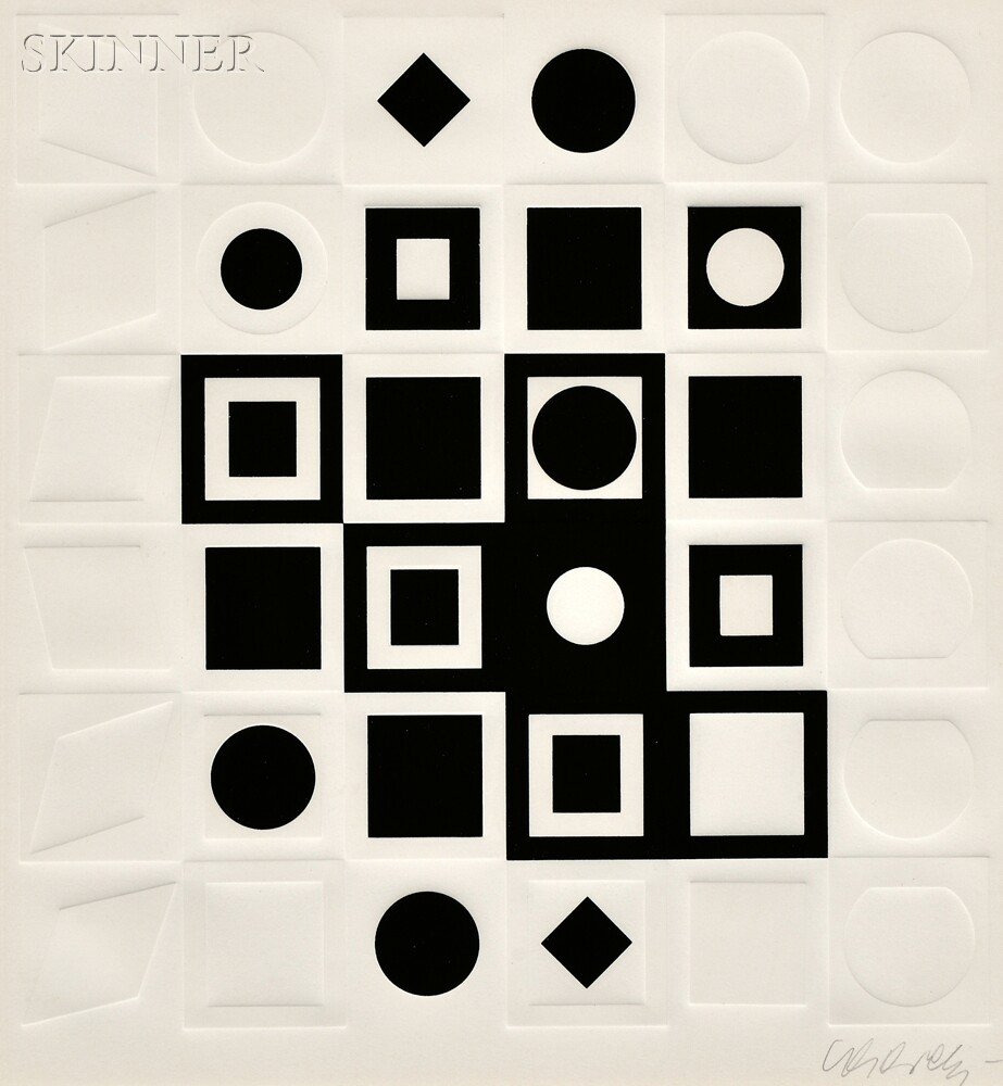 Victor Vasarely (French/Hungarian, 1906-1997) Unti: Victor Vasarely (French/Hungarian, 1906-1997) Untitled (Black and White). Signed "Vasarely-" in pencil l.r. Screenprint with embossing on paper, image size 10 1/4 x 9 3/4 in. (25.9 x 24.6 cm), framed.