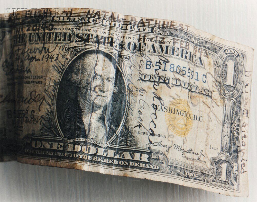 Andrew Bush (b. 1956, American) 1 Dollar Bill, 199: Andrew Bush (b. 1956, American) 1 Dollar Bill, 1996 from the SHORT SNORTER Series, 1993-1998. Signed, numbered, and dated "Bush 4/20 1996" in felt-tip pen on the revers