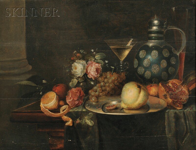School of Jan Davidsz de Heem (Dutch, 1606-1684),: School of Jan Davidsz de Heem (Dutch, 1606-1684) Still Life with Flowers, Fruit, and Wine Unsigned. Oil on panel, 22 5/8 x 30 1/8 in. (57.5 x 76.7 cm), framed. Condition: Horizontal cracks to panel su