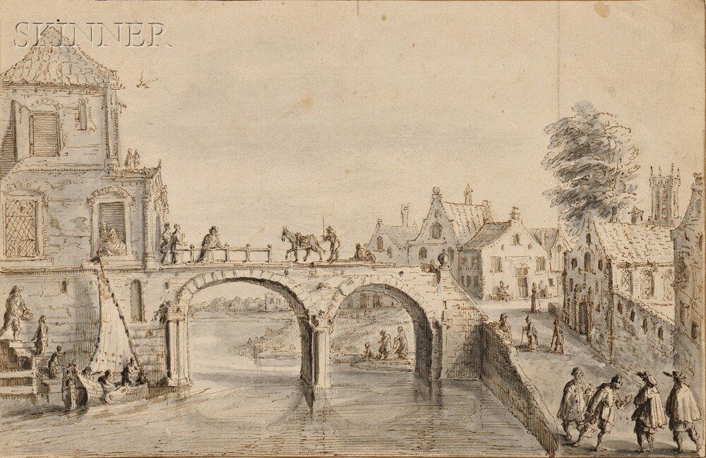 Dutch School, 17th Century, View of a Town and Arc: Dutch School, 17th Century View of a Town and Arched Bridge Unsigned. Ink and wash on laid paper, 6 15/16 x 10 5/8 in. (17.7 x 27.0 cm), framed. Condition: Creasing, foxing, soiling, staining, partial