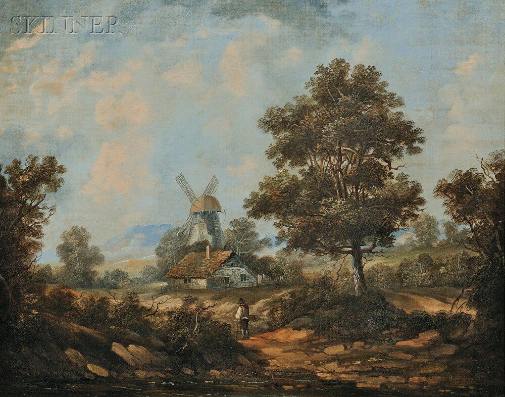 Dutch School, 19th Century, Figure on a Path by a: Dutch School, 19th Century Figure on a Path by a Windmill Unsigned. Oil on canvas, 19 x 24 in. (48.3 x 61.0 cm), framed. Condition: Lined, retouch, craquelure.