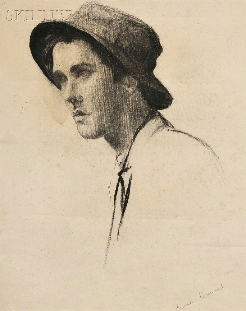 Circle of Thomas Cowperthwaite Eakins (American, 1: Circle of Thomas Cowperthwaite Eakins (American, 1844-1916) Portrait Study of a Young Man with Hat, Probably Samuel Murray Signed "...Crowell" in charcoal l.r., inscribed "Frances Crowell" in ballpoin