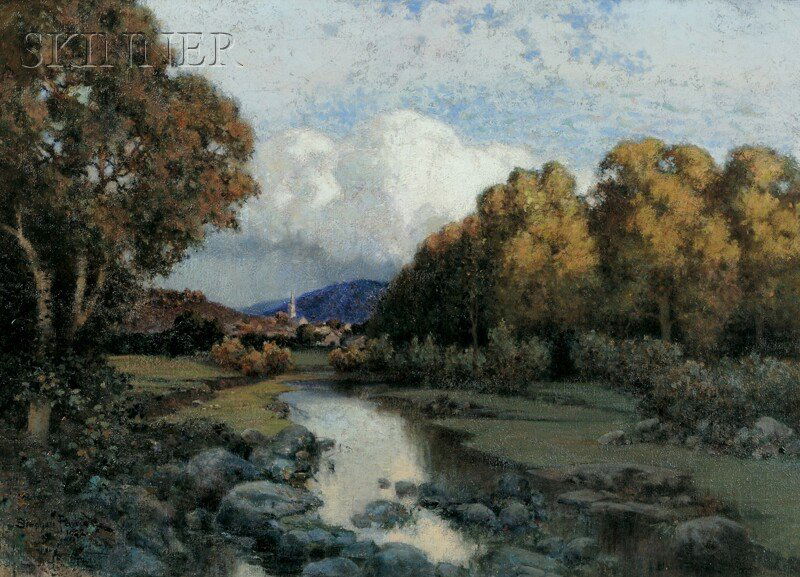 Stephen Parrish (American, 1846-1938), New England: Stephen Parrish (American, 1846-1938) New England Summer Landscape with Distant Steeple Signed and dated "Stephen Parrish/1922" l.l., inscribed "MP Jr. No. 521" on the stretcher. Oil on canvas, 20 x 2