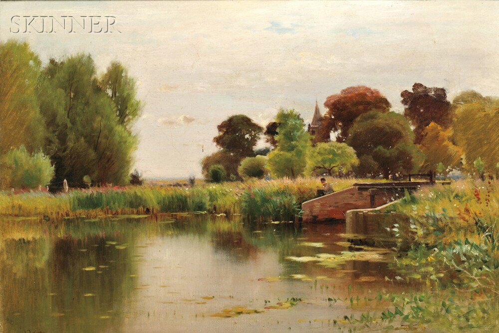 Ernest Parton (American, 1845-1933), Figure by a R: Ernest Parton (American, 1845-1933) Figure by a River Dam Signed "Ernest Parton" l.l. Oil on canvas, 16 1/2 x 23 7/8 in. (41.9 x 60.6 cm), framed. Condition: Minor retouch, abrasions and metallic gold