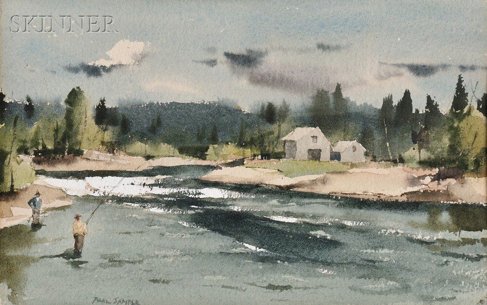 Paul Starrett Sample (American, 1896-1974), Salmon: Paul Starrett Sample (American, 1896-1974) Salmon Fisherman Signed "PAUL SAMPLE" l.l., titled and identified on an annotated label from Associated American Artists, New York City, affixed to t