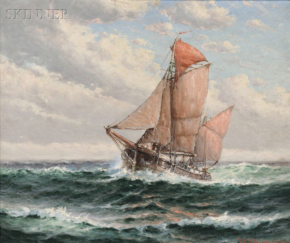 Theodore Victor Carl Valenkamph (American, 1868-19: Theodore Victor Carl Valenkamph (American, 1868-1924) Ship on the High Seas Signed "T.V.C. VALENKAMPH-" l.r. Oil on canvas, 20 x 24 in. (50.8 x 61.0 cm), framed. Condition: Craquelure, surface grime,