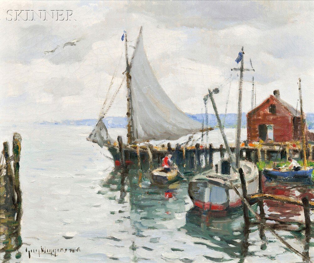 Guy Carleton Wiggins (American, 1883-1962), The Fr: Guy Carleton Wiggins (American, 1883-1962) The Friendship Sloop and Lifting Skies Signed "Guy Wiggins NA" l.l., titled and signed "...Guy Wiggins NA" on the reverse. Oil on canvas, 20 x 24