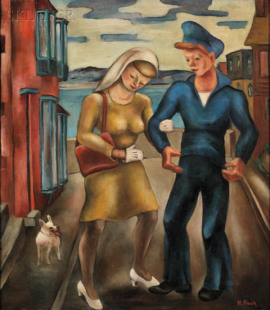 Hazel Finck (American, 1894-1977), Man from the Bo: Hazel Finck (American, 1894-1977) Man from the Boat Signed "H. Finck" l.r., titled on the stretcher, identified and dated "...1945..." on a handwritten label affixed to the stretcher. Oil o