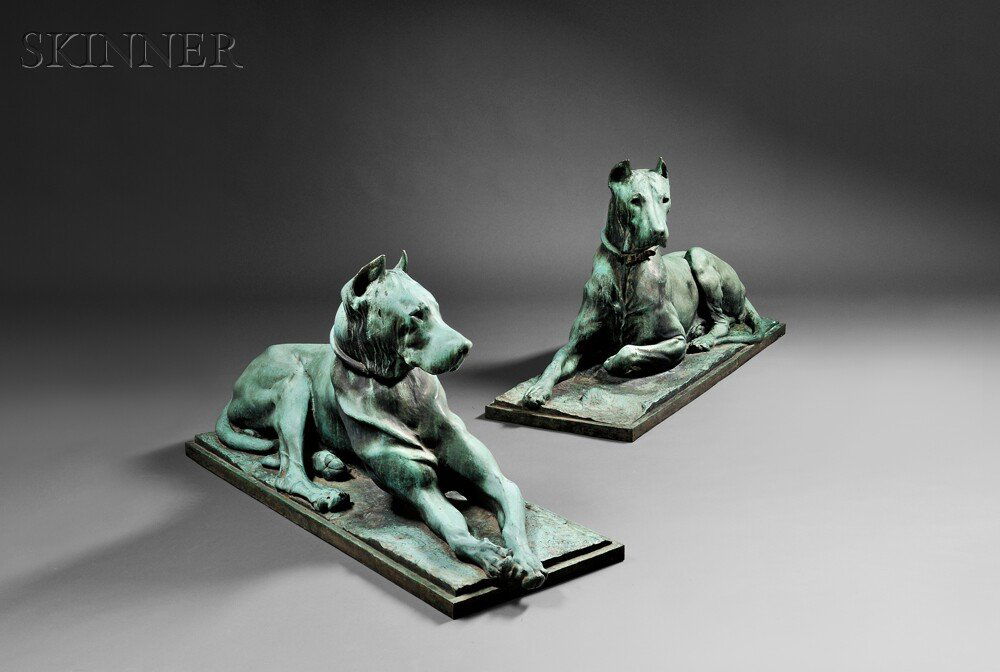 Anna Vaughn Hyatt Huntington (American, 1876-1973): Anna Vaughn Hyatt Huntington (American, 1876-1973) Pair of Great Danes Both signed, inscribed, and dated "Anna V. Hyatt/Auvers-sur-Oise 1907" on the base. Bronze with green patina, approximately 27 x