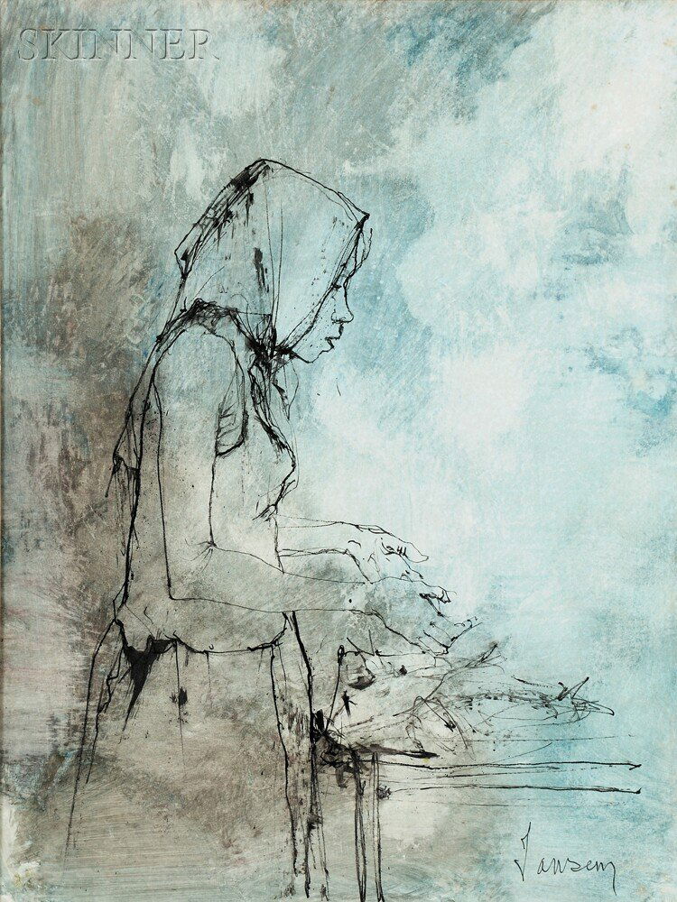 Jean Jansem (French, b. 1920), Portrait of a Woman: Jean Jansem (French, b. 1920) Portrait of a Woman in Profile Signed "Jansem" l.r. Ink and gouache on paper, sight size 26 1/4 x 20 in. (66.7 x 50.8 cm), framed. Condition: Not examined out of frame.
