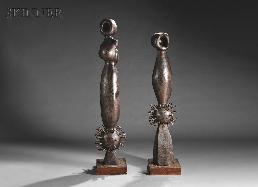Armando Ortega Orozco (Mexican, b. 1940), Two Figu: Armando Ortega Orozco (Mexican, b. 1940) Two Figural Totems Both initialed and dated "AOO 66" on base. Carved wood and iron, sizes to approximately 78 x 15 1/4 x 15 1/4 in. (198.1 x 38.8 x 38.8 cm), s