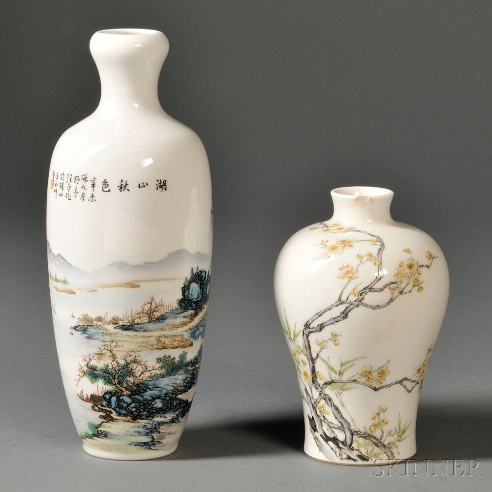 Two Porcelain Vases, China, 20th century, one of me: Two Porcelain Vases, China, 20th century, one of meiping shape, decorated with a plum blossom tree and bamboo, six-character Qianlong mark on base, ht. 5 3/4, and a baluster vase with garlic-shaped mo