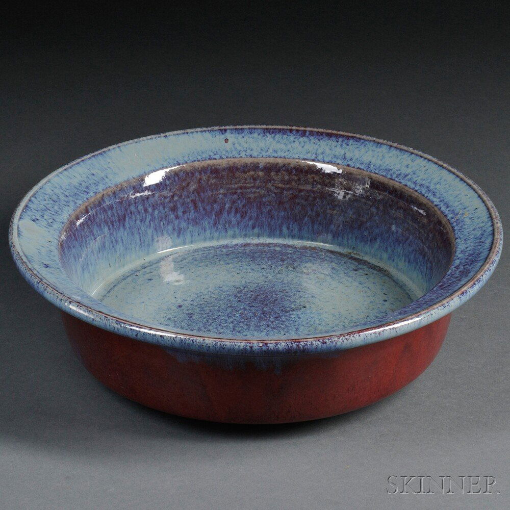Flambe Bowl, China, 20th century, deep bowl with wi: Flambe Bowl, China, 20th century, deep bowl with wide rim with blue and red thick glaze, dia. 13 in.