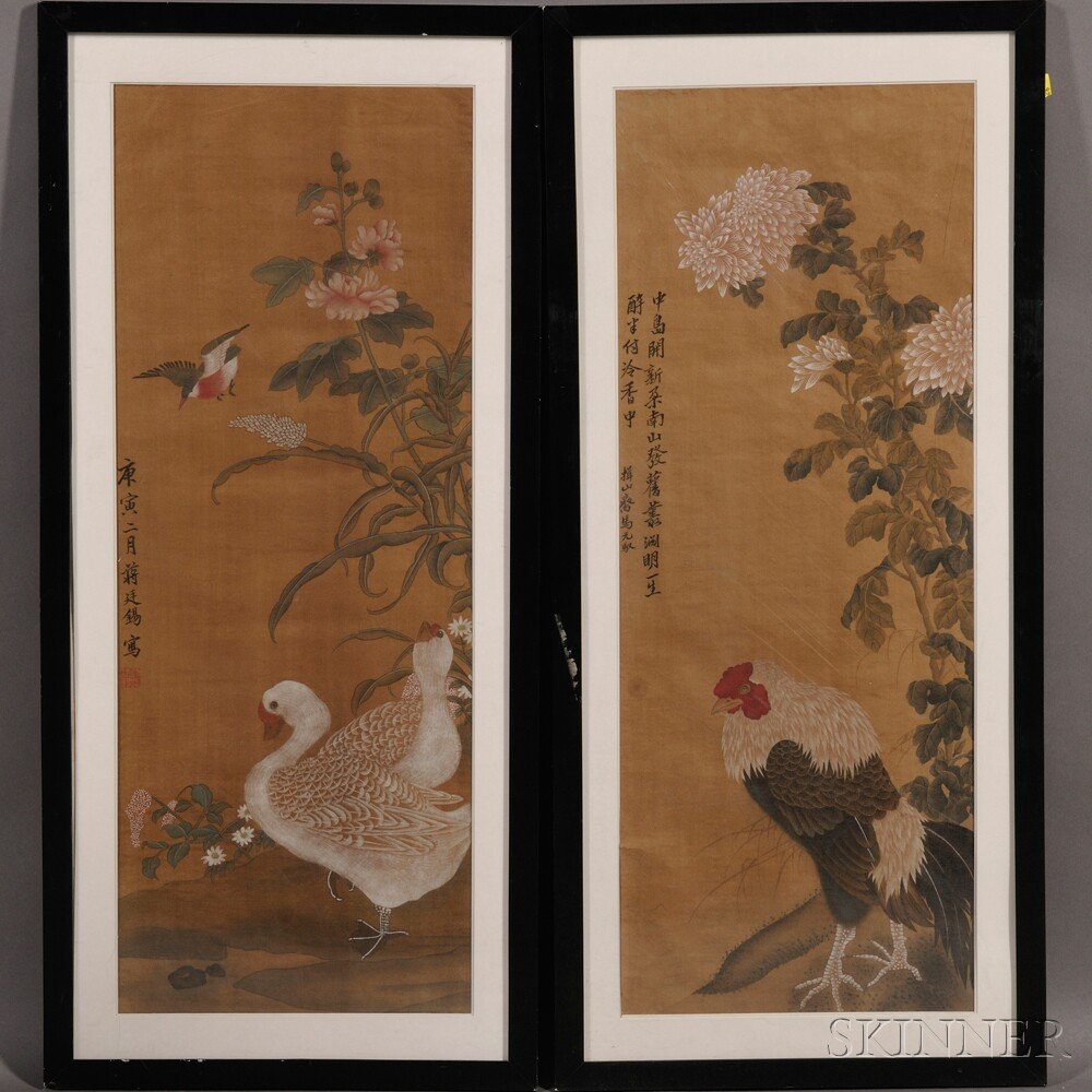Pair of Flower and Bird Paintings, China, 19th/20t: Pair of Flower and Bird Paintings, China, 19th/20th century, ink and colors on silk, one of the pair depicting a pair of ducks and a flying bird with peonies, in the manner of Jiang Tingxi (1669-1732)