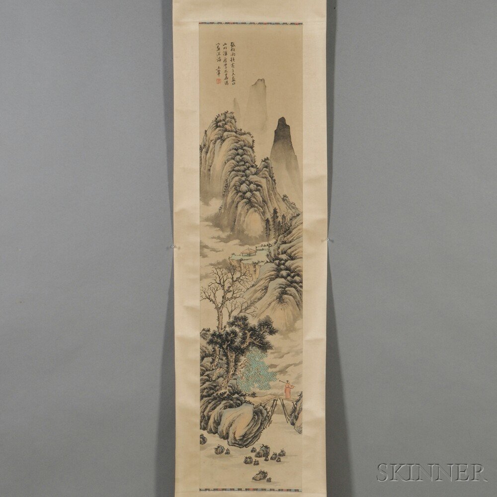 Landscape of Mountain Changbai, China, 20th centur: Landscape of Mountain Changbai, China, 20th century, hanging scroll, ink and colors on paper, in the manner of Wang Hui (1632-1717), 11 1/2 x 51 1/2 in.