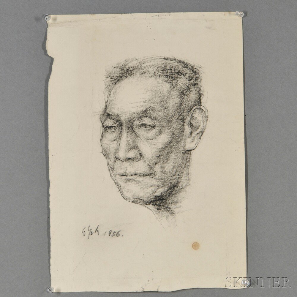 Portrait of an Asian Man, China, 20th century, cha: Portrait of an Asian Man, China, 20th century, charcoal drawing on paper, in the manner of Wu Zuoren (1908-1997), dated and signed, 12 x 17 in.
