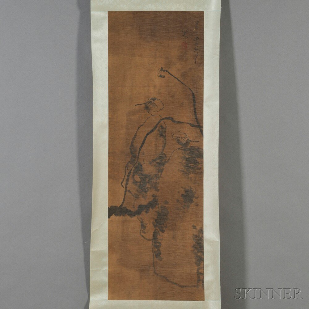 Hanging Scroll, China, ink and color on silk, in t: Hanging Scroll, China, ink and color on silk, in the manner of Bada Shanren (1626-1705), depicting two birds on a rock, inscribed and bears signature, with one seal, 13 1/2 x 39 1/2 in.