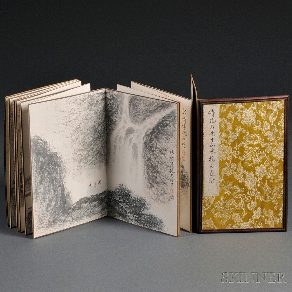 Painting Album, China, 20th century, ink and color: Painting Album, China, 20th century, ink and color on paper, in the manner of Fu Baoshi (1904-1965), nine pages front and back, both covers molded with silk, each depicting figures with landscape, eac