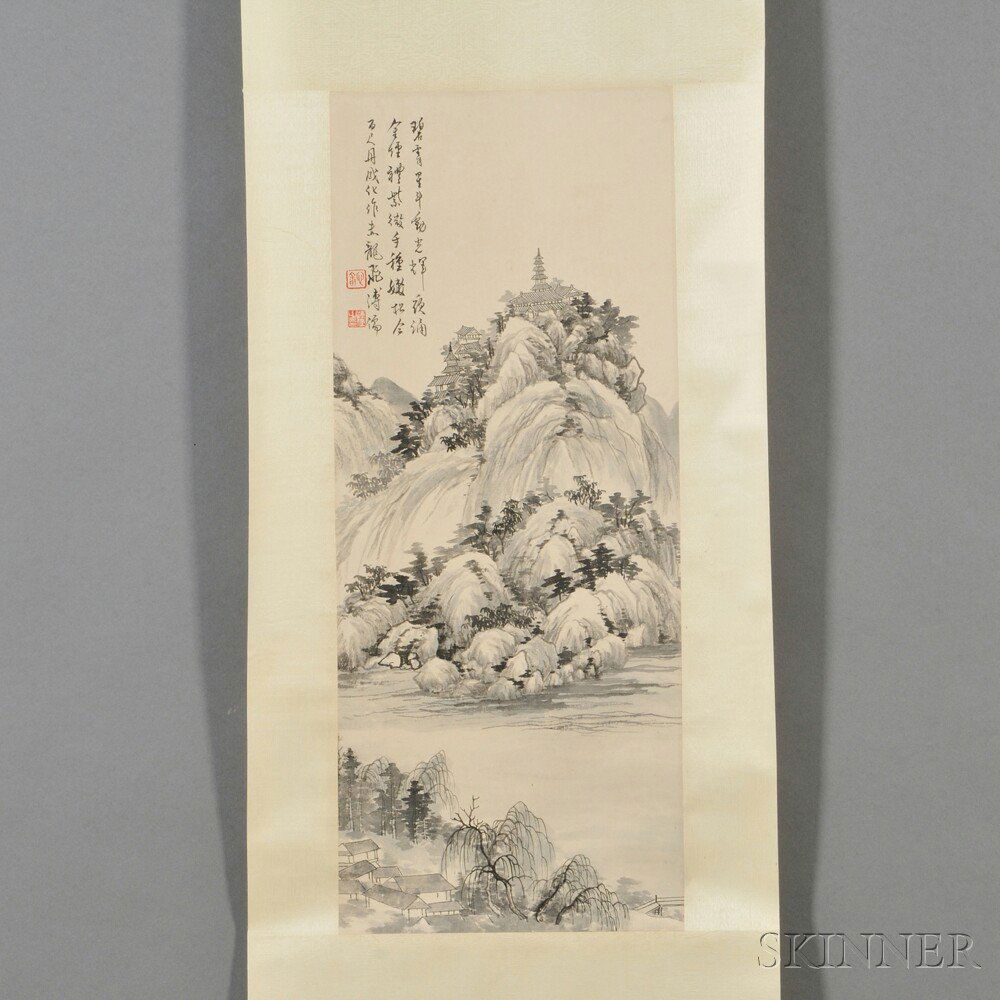 Hanging Scroll, China, ink and color on paper, in: Hanging Scroll, China, ink and color on paper, in the manner of Pu Ru (1896-1963), depicting a landscape, inscribed and bears signature, with two seals, 12 x 27 in.
