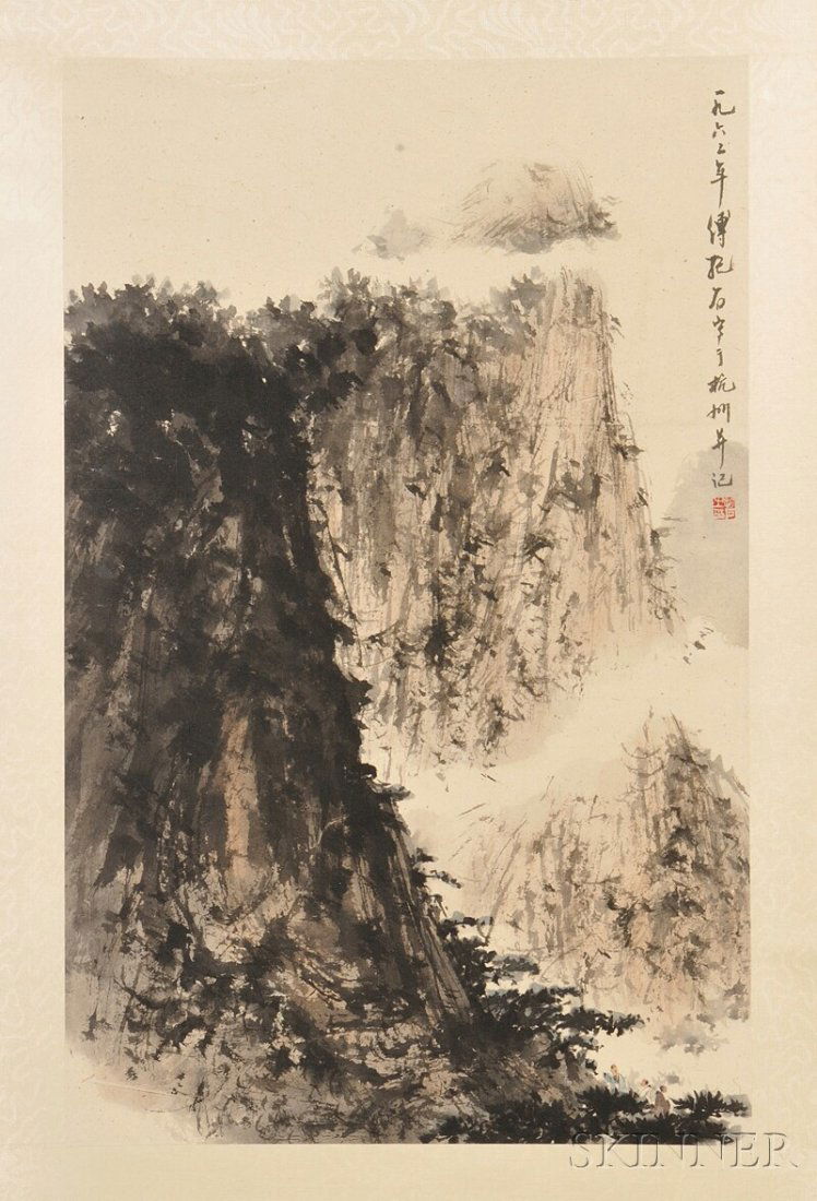 Hanging Scroll, China, 20th century, ink and color: Hanging Scroll, China, 20th century, ink and color on paper, in the manner of Fu Baoshi (1904-1965), depicting a landscape, with one seal, 11 x 18 in.