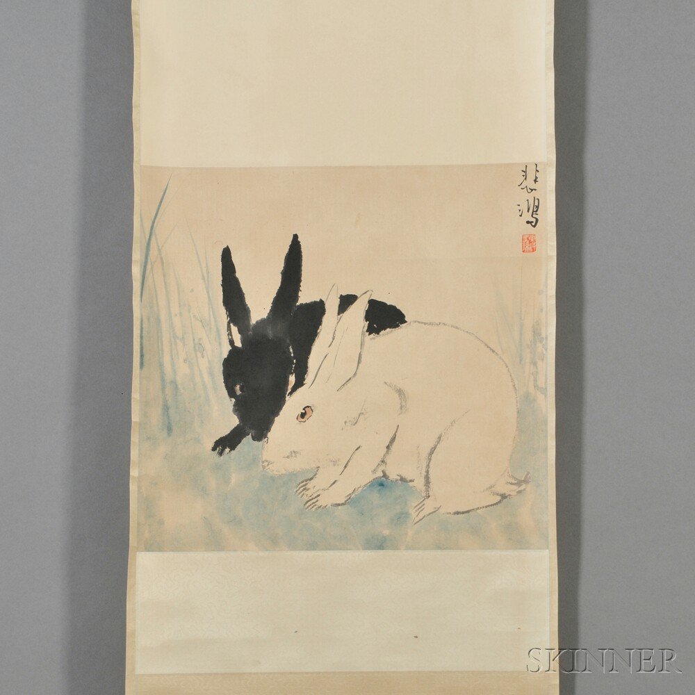 Hanging Scroll, China, 20th century, ink and color: Hanging Scroll, China, 20th century, ink and color on paper, in the manner of Xu Beihong (1895-1953), depicting two rabbits, inscribed and bears signature, with one seal, 19 1/2 x 18 1/4 in.