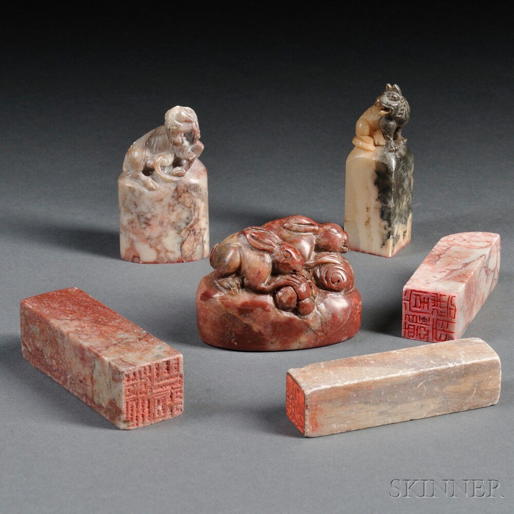 Six Seals, China, 19th/20th century, includes thre: Six Seals, China, 19th/20th century, includes three soapstone seals and three carved stone seals with animals, of various colors and markings, ht. 1 3/4 to 2 3/4 in.