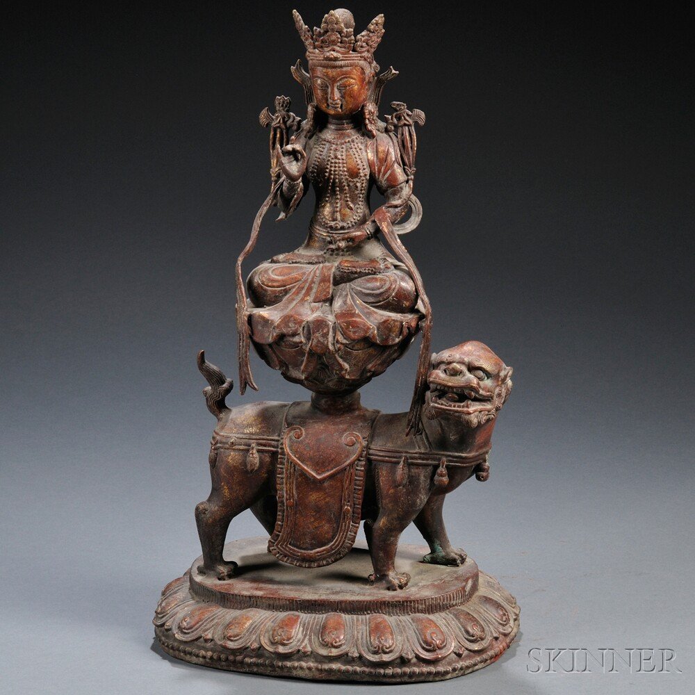 Gilt-bronze Manjusri, China, 18th/19th century, th: Gilt-bronze Manjusri, China, 18th/19th century, the bodhisattva in an elaborately decorated robe, sitting cross-legged on an upturned lotus throne, with a hand gesture indicating he is in meditation, 