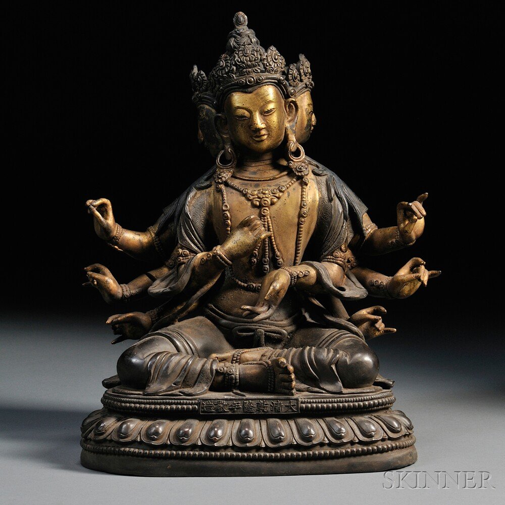Bronze Buddha, China, 18th/19th century, the four-: Bronze Buddha, China, 18th/19th century, the four-face, eight-arm figure seated on a single lotus throne, with hand gestures of charity, teaching, and meditation, wearing a robe with flowing ribbons a