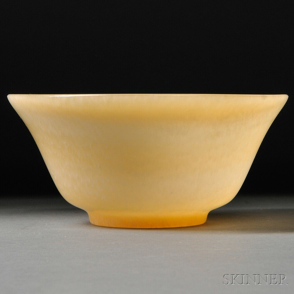 Hardstone Bowl, China, 20th century, circular, wit: Hardstone Bowl, China, 20th century, circular, with deep sides rising from a short foot to a gently flared rim, stone of semi-translucent buttercup yellow, dia. 4 1/2 in.