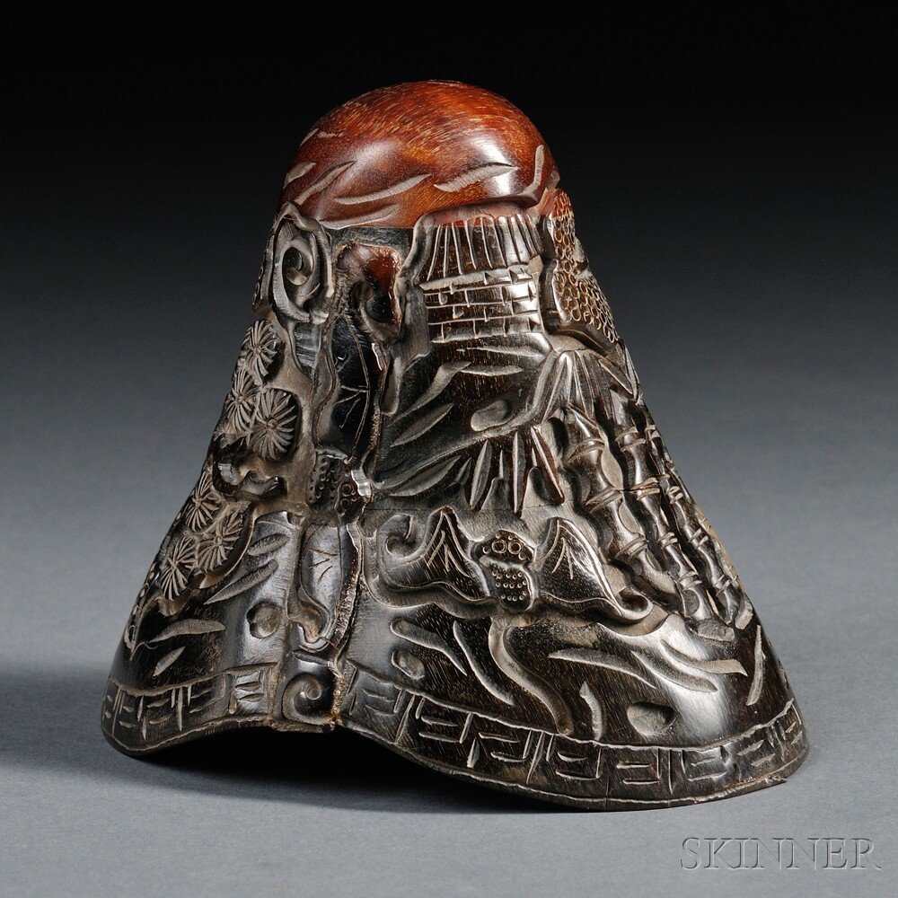 Carved Horn Cup, China, 20th century, conical, car: Carved Horn Cup, China, 20th century, conical, carved with bats, pine trees, and bamboo, ht. 4 in.