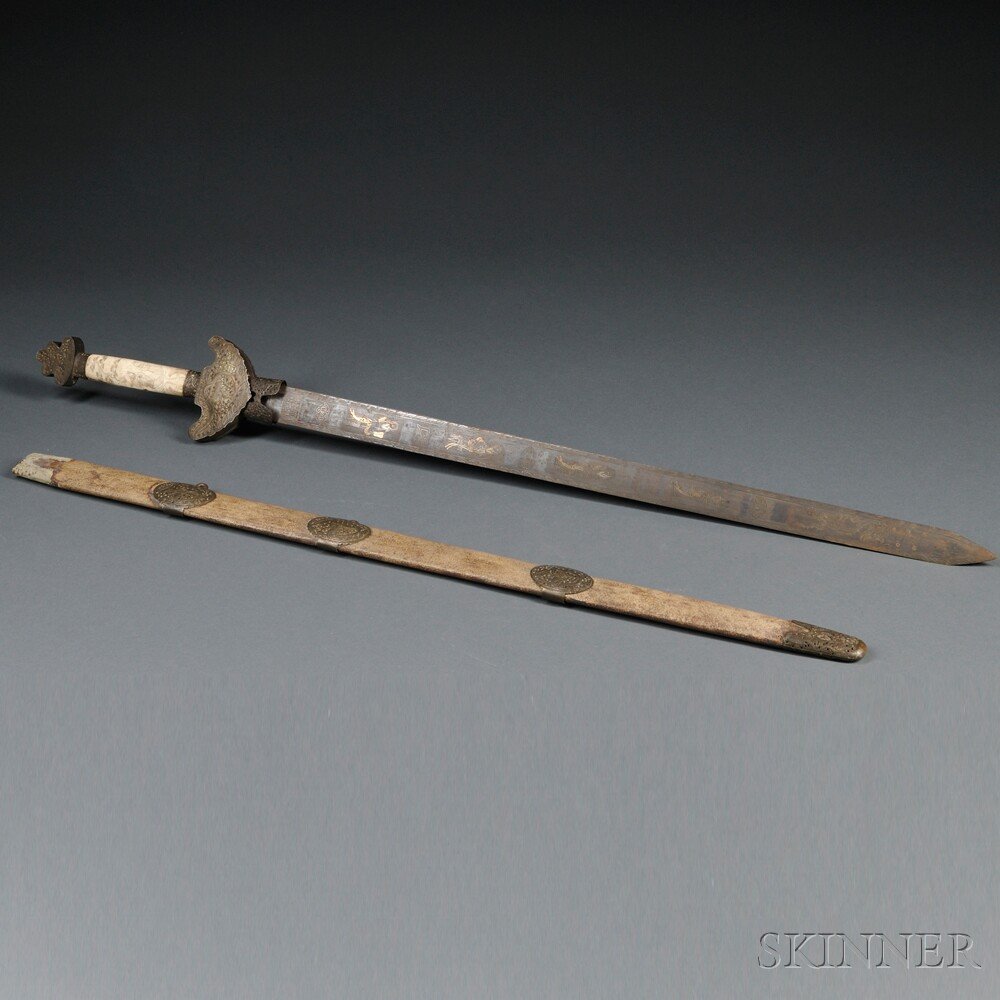 Sword with Ivory Handle, China, 19th century, the: Sword with Ivory Handle, China, 19th century, the blade with inlay decorations depicting Buddhist figures and dragons, with six-character Qianlong mark, the ivory handle incised with figures beneath p