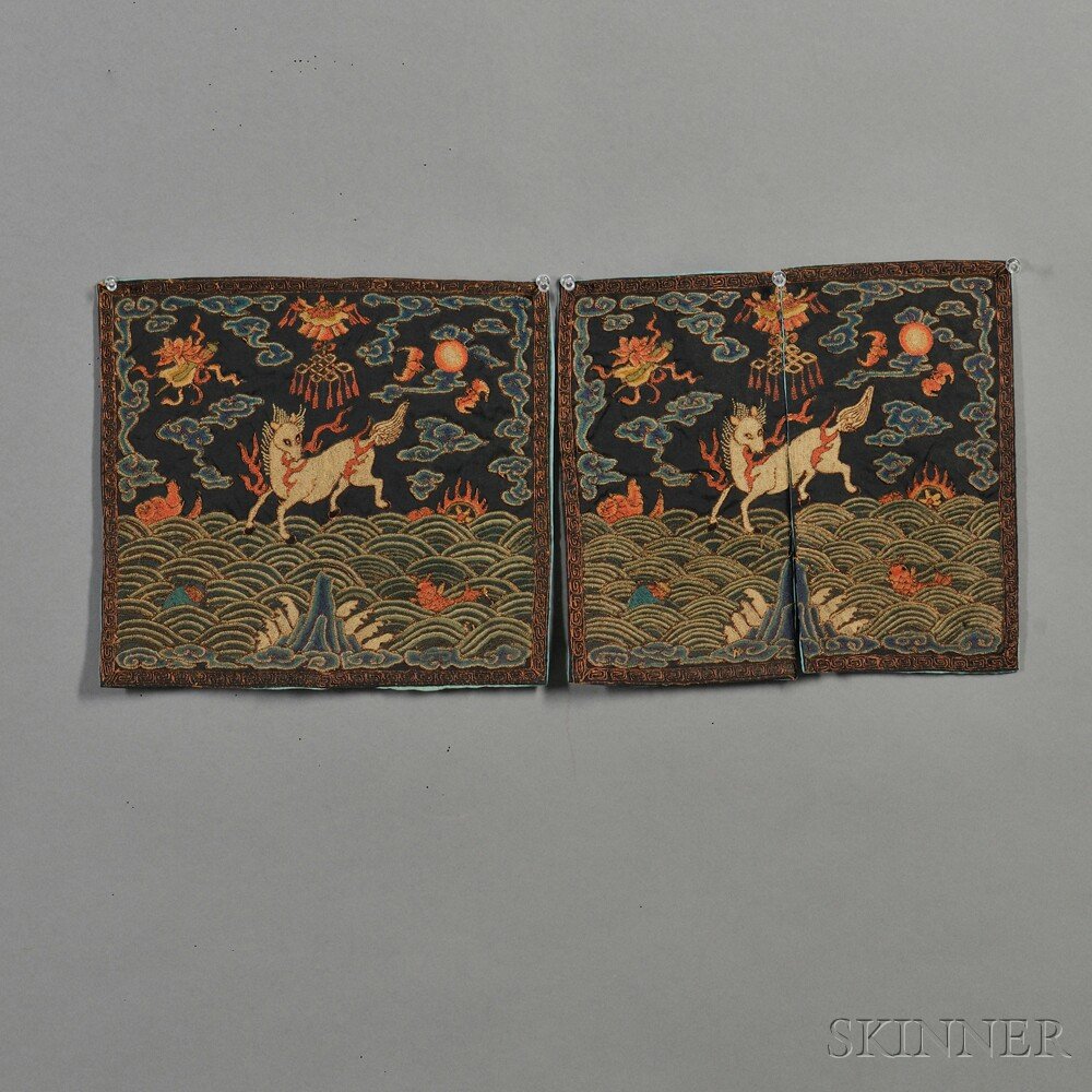 Pair of Military Rank Badges, China, 20th century,: Pair of Military Rank Badges, China, 20th century, embroidered in Peking knot stitch with a "sea horse" in rolling waves, surrounded by the auspicious emblems and bats, 10 3/4 x 12 in.
