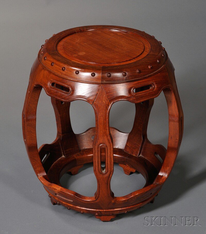 Drum-shaped Stool, China, 20th century, circular,: Drum-shaped Stool, China, 20th century, circular, supported on five curved legs joined at the top and base by thick, beaded aprons, ht. 17 1/2 in.