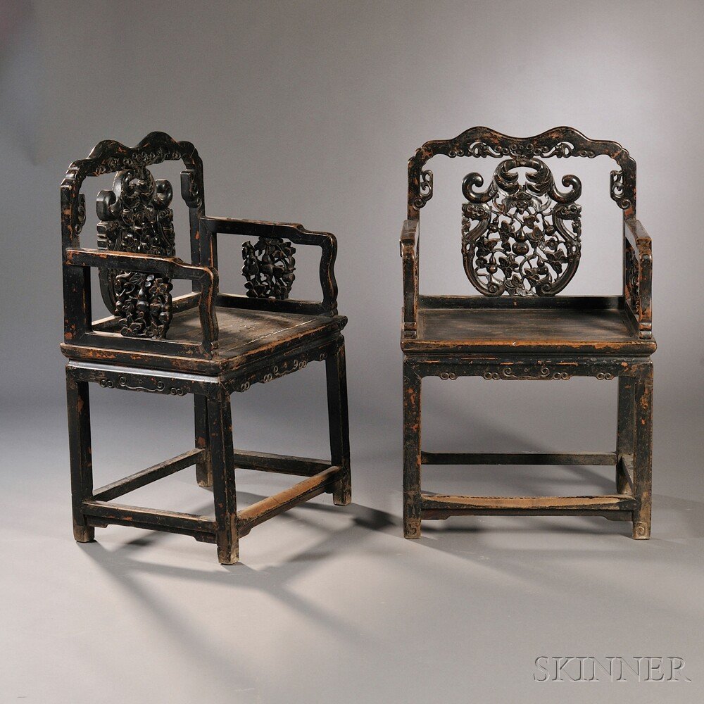 Pair of Wood Armchairs, China, rectangular seat wi: Pair of Wood Armchairs, China, rectangular seat with serpentine top rail, the arms and vase-shaped back splat with pierced decorations of double-gourds, bats, and foliage, overall ht. 37 1/2 in.