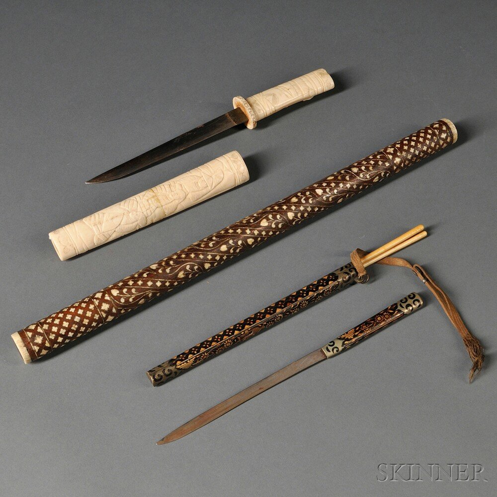 Three Pieces of Ivory and Lacquer, Japan, 19th/20t: Three Pieces of Ivory and Lacquer, Japan, 19th/20th century, including a tanto with carved ivory case and handle, lg. 11 1/2, a portable knife and two ivory chopsticks with metal-inlaid lacquer case, 