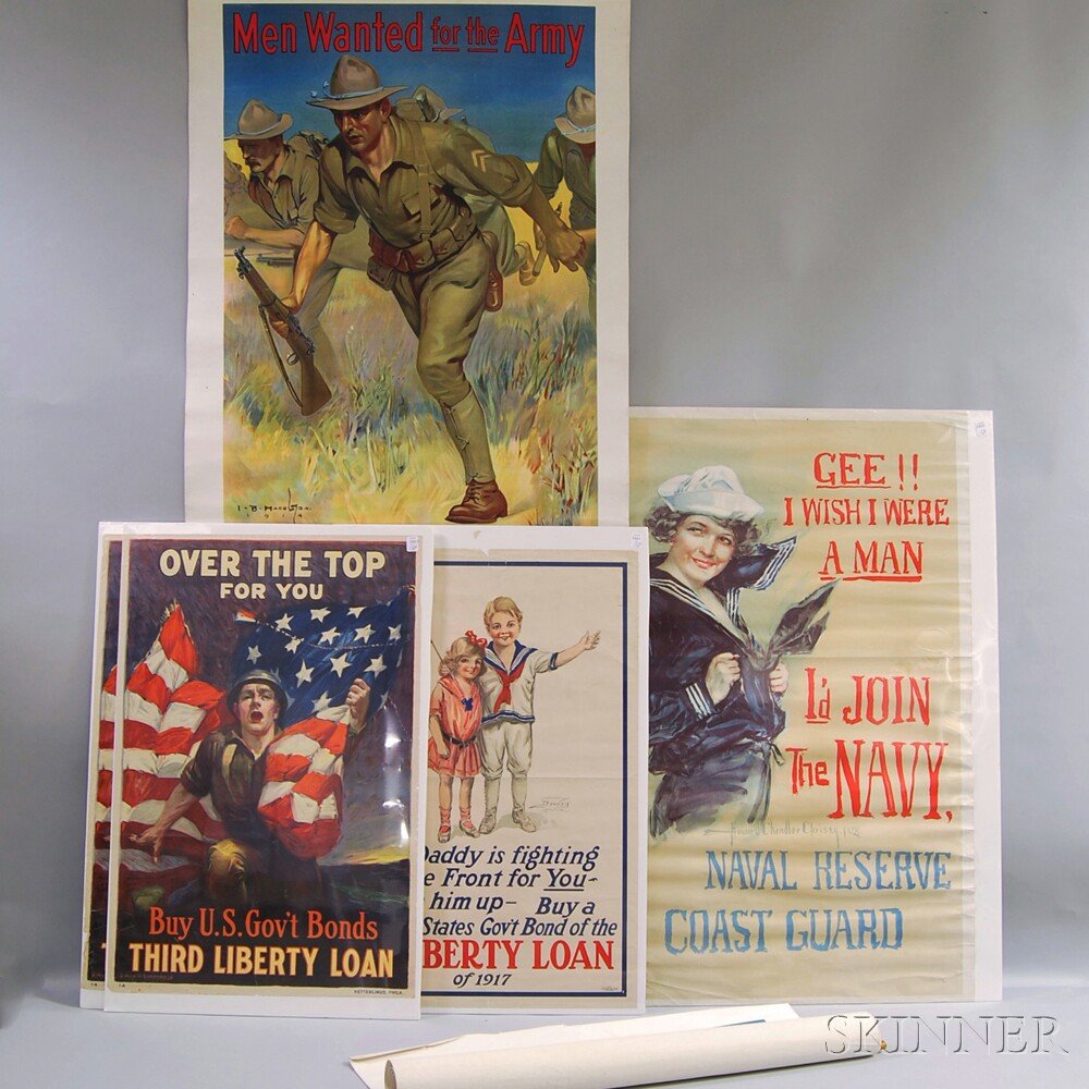 World War I Recruiting Posters, Six: Isaac Brewster Haz: World War I Recruiting Posters, Six: Isaac Brewster Hazelton (1875-1943). Men Wanted for the Army, Advancing foot soldiers charge through a tawny field, lithograph on paper, with space at the foot to 