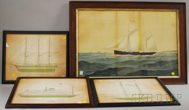 Late 19th Century British School Gouache on Paper Portr: Late 19th Century British School Gouache on Paper Portrait of the Two-masted Sailing Ship Narcissus and Three Framed Boat Prints, the portrait signed l.l. "E. Wilkinson," in an oak frame, sight size 1