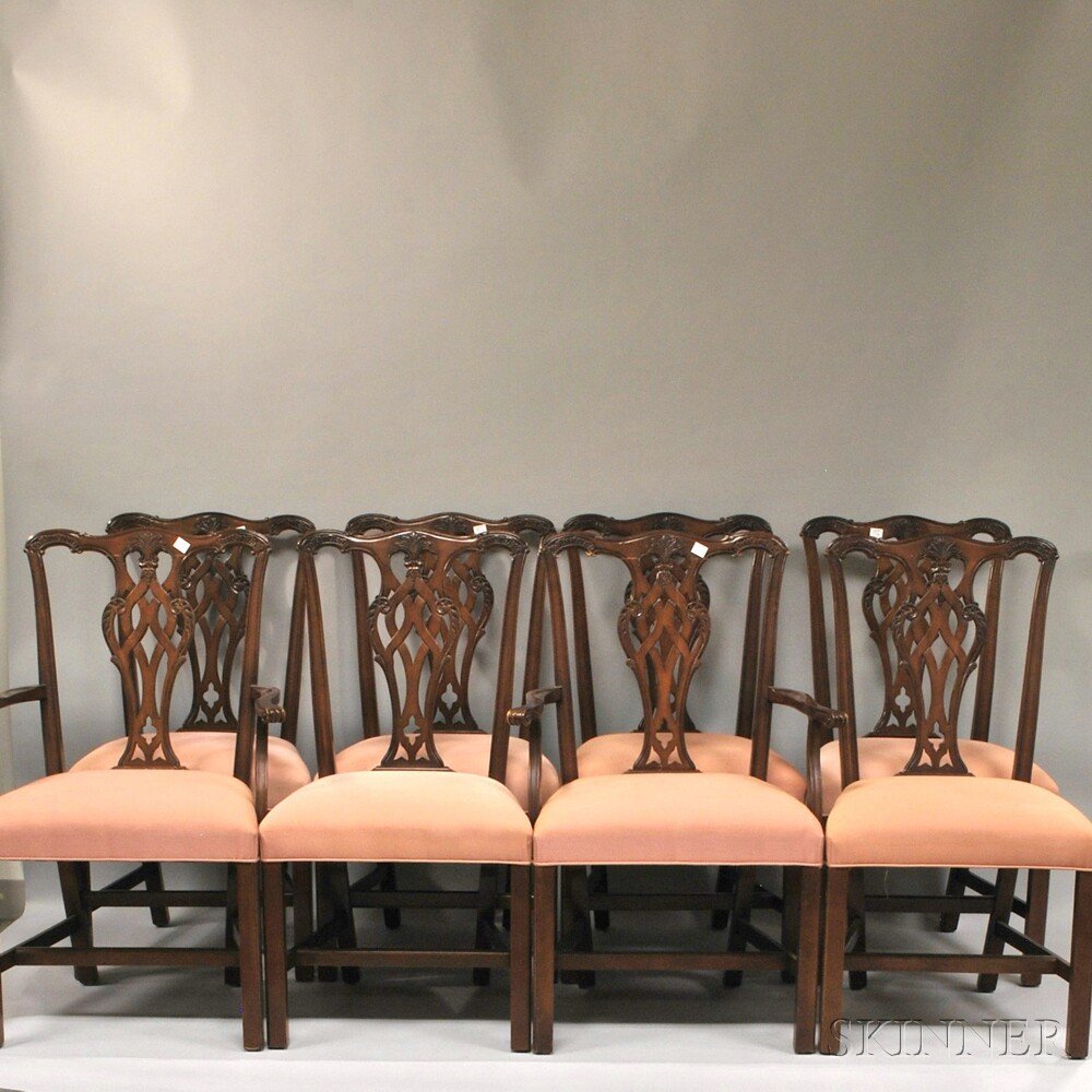 Set of Eight Ethan Allen Chippendale-style Upholstered: Set of Eight Ethan Allen Chippendale-style Upholstered Carved Beechwood Dining Chairs, six side and two armchairs, stamped label.