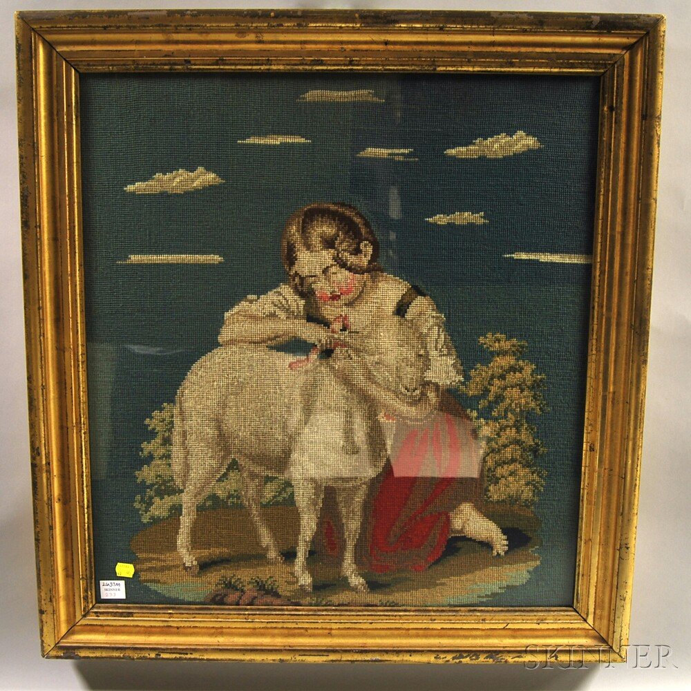 Framed Wool Berlinwork Needlepoint Picture of a Girl an: Framed Wool Berlinwork Needlepoint Picture of a Girl and Lamb in a Landscape, sight size 23 1/2 x 21 3/4 in., in a period molded giltwood frame.