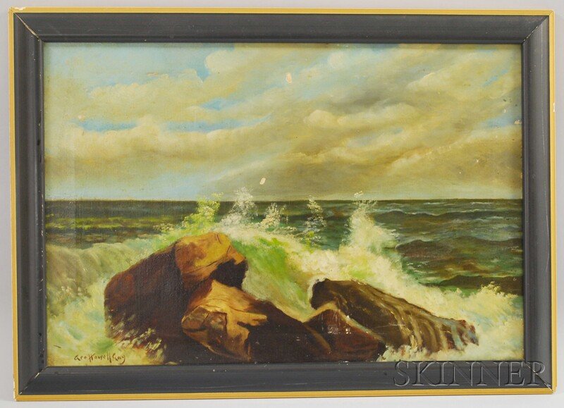 George Howell Gay (American, 1858-1931) Crashing Waves.: George Howell Gay (American, 1858-1931) Crashing Waves. Signed l.l. Oil on canvas, 17 x 25 in., framed, (scattered punctures, losses, soiling).