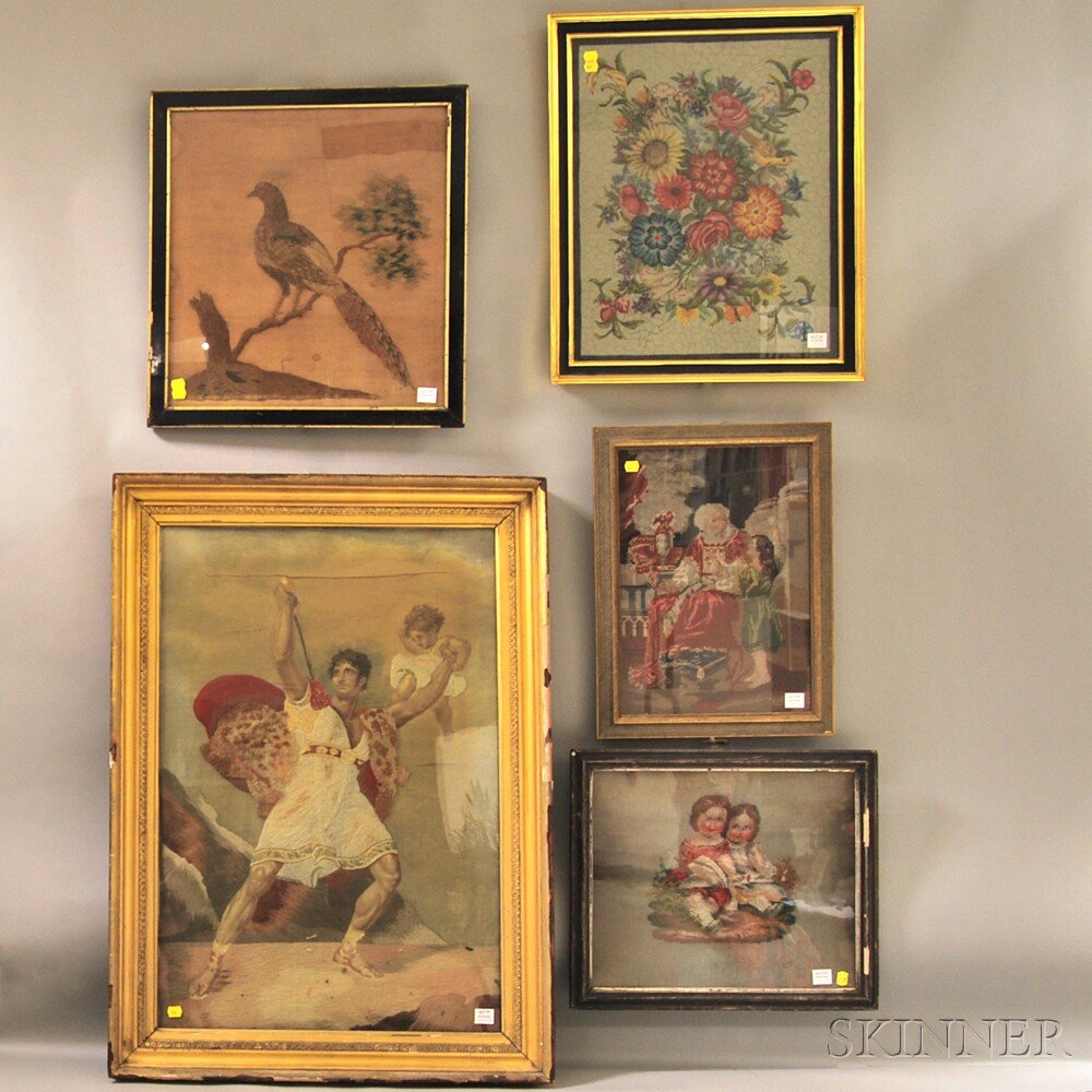 Nine Framed 19th Century Needlework Panels, including a: Nine Framed 19th Century Needlework Panels, including a painted silk, embroidered, and sheared woolwork portrait, a silk embroidered exotic bird, four needlepoint and three petit point panels depictin