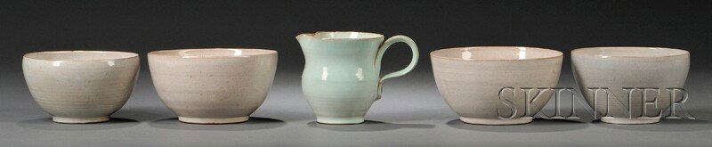 Four Edwin and Mary Scheier Redware Bowls and a Small A: Four Edwin and Mary Scheier Redware Bowls and a Small Art Pottery Pitcher, the first near-pair of footed bowls with white and blue/gray glazes, (rim chip); the second slightly larger near-pair footed